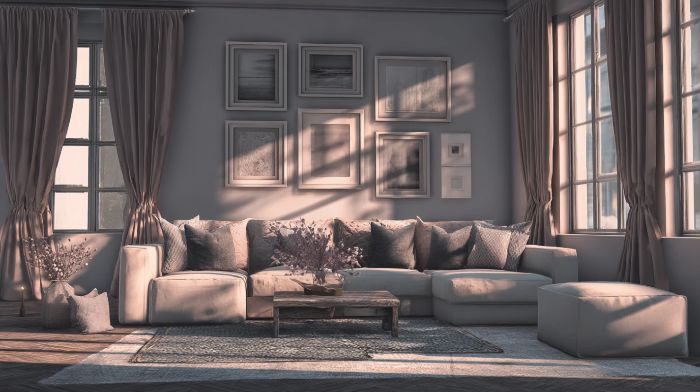 Ugaona garnitura na kojoj su jastuci ukombinovani sa tepihom, zavesom i ramovima za slike.