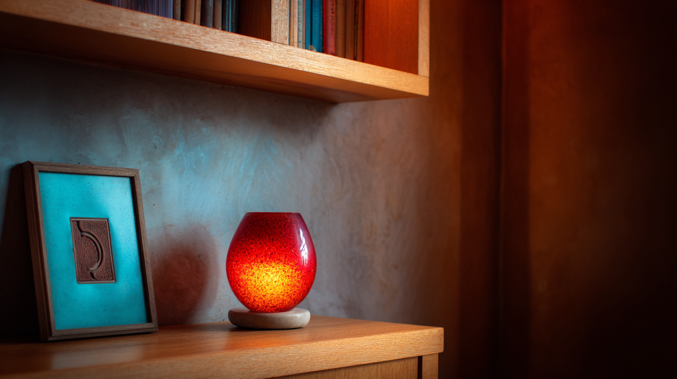 Mala crvena lampa na polici u dnevnom boravku