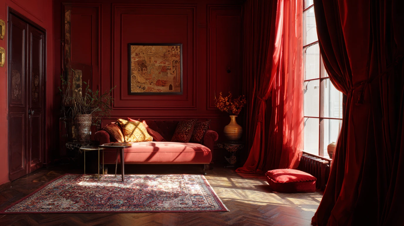 Soba u kojoj su ukombinovane zavese i tepih, u crvenoj boji