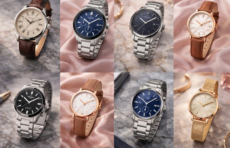 Kolaž fotografija prikazuje više muških i ženskih satova sa kožnim kaiševima i metalnim narukvicama, jasno ističući razliku u teksturi, boji i završnoj obradi materijala