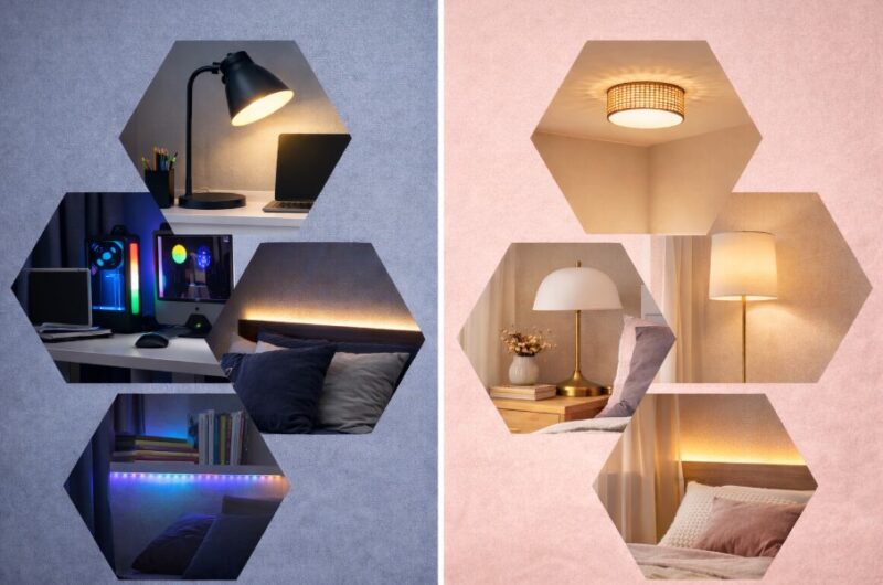 Šestougaoni prikazi rasvete – levo primeri osvetljenja za dečačku sobu (radna lampa, gejming LED i ambijentalno svetlo), desno primeri za devojačku sobu (plafonska, noćna i topla ambijentalna rasveta