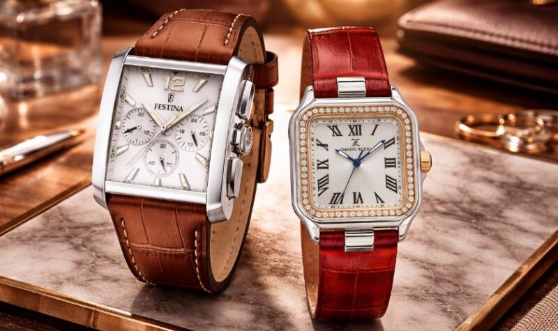 Muški sat sa braon kožnim kaišem i srebrnim hronograf brojčanikom i ženski sat sa crvenim kožnim kaišem i kvadratnim kućištem