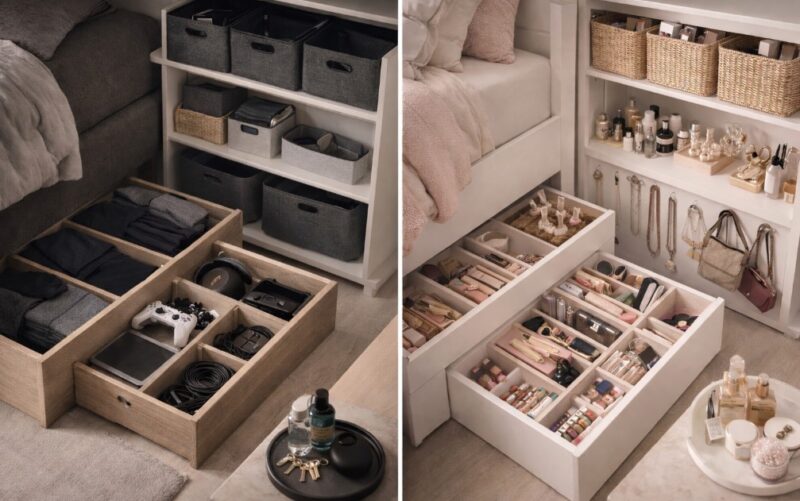 Organizovano skladištenje u tinejdžerskoj sobi — fioke ispod kreveta sa razdelnicima za odeću i opremu, police sa istim korpama, gejming pribor uredno složen, dok su na drugoj strani organizatori za nakit, kozmetiku i sitnice pažljivo raspoređeni na policama i u fiokama