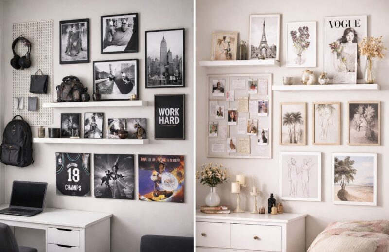 Dve tinejdžerske sobe sa promenljivom zidnom dekoracijom — levo zid sa crno-belom galerijom fotografija, posterima i peg tablom u neutralnim tonovima, desno zid sa ilustracijama, policama za slike i mood tablom u svetlijim, toplim nijansama