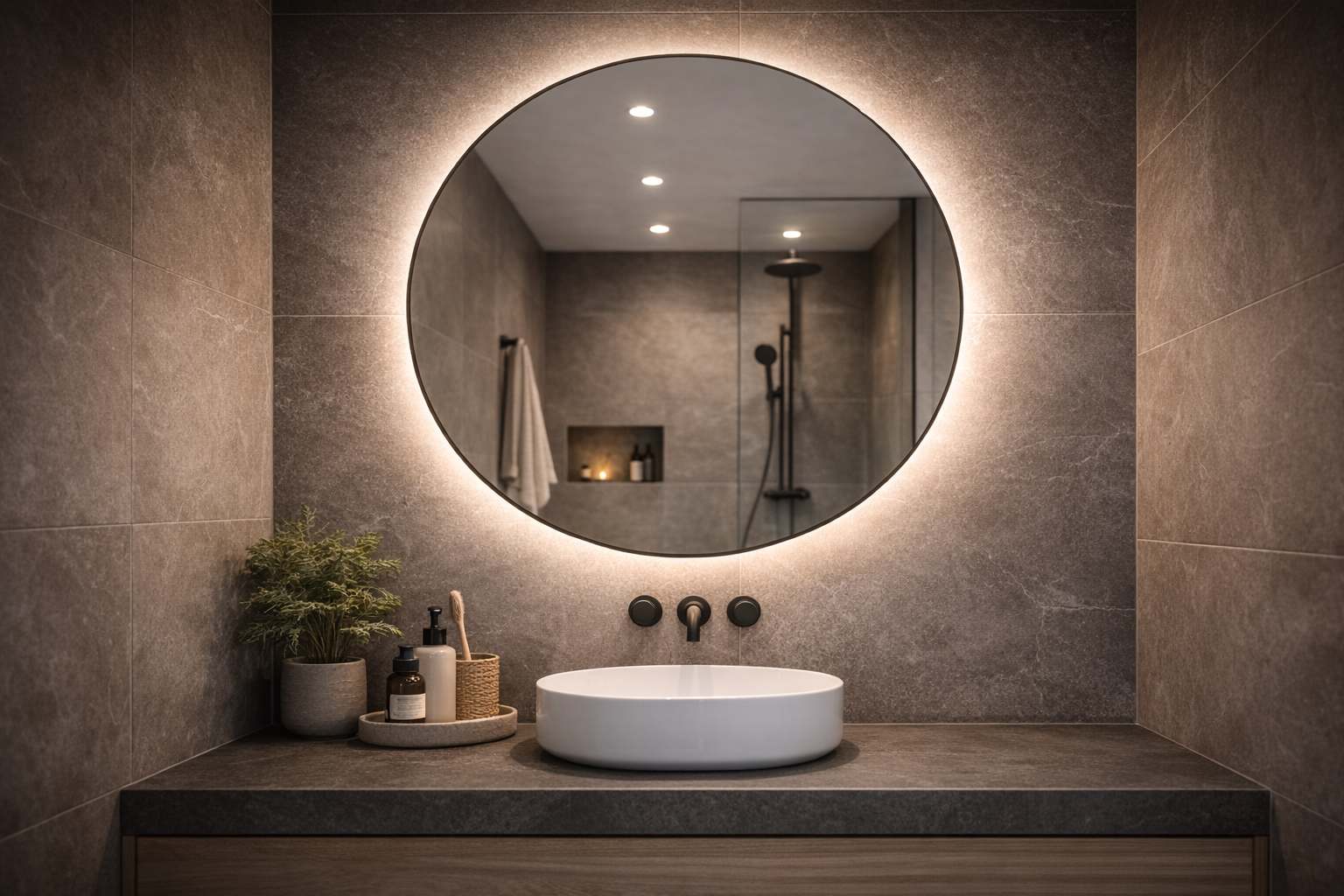 Led ogledalo u malom tamnom kupatilu koje vizuelno povecava prostor