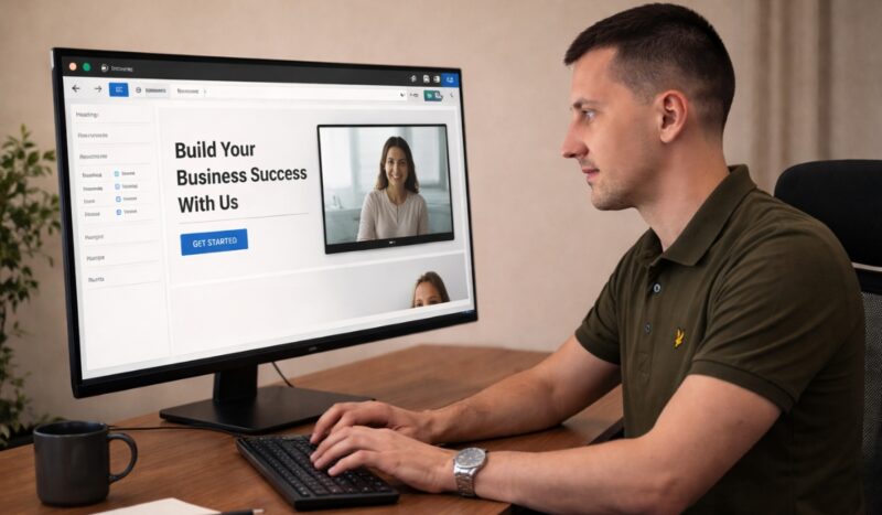 Muškarac sedi za računarom i izrađuje WordPress sajt dok kuca na tastaturi i gleda u monitor