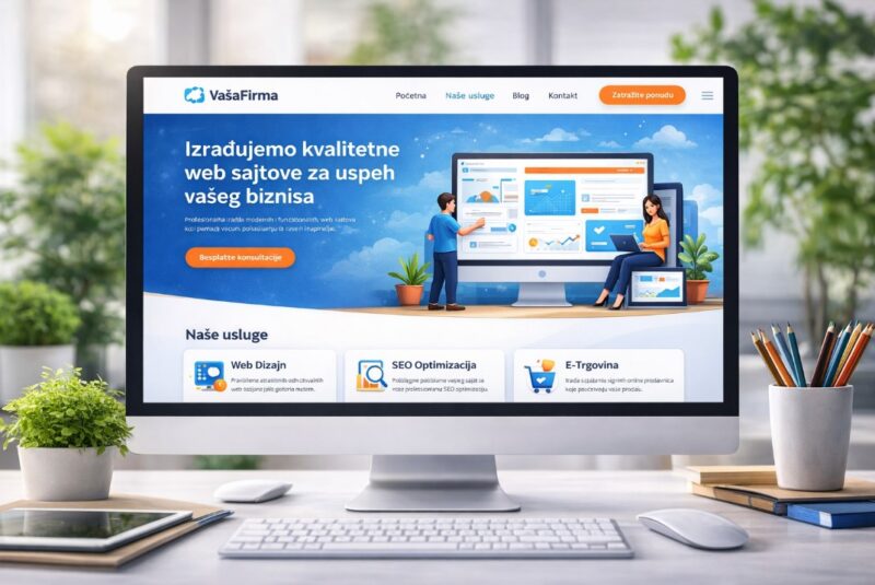 Moderan dizajn web sajta na srpskom jeziku prikazan na desktop računaru, sa jasnom navigacijom, uslugama poput web dizajna, SEO optimizacije i e-trgovine
