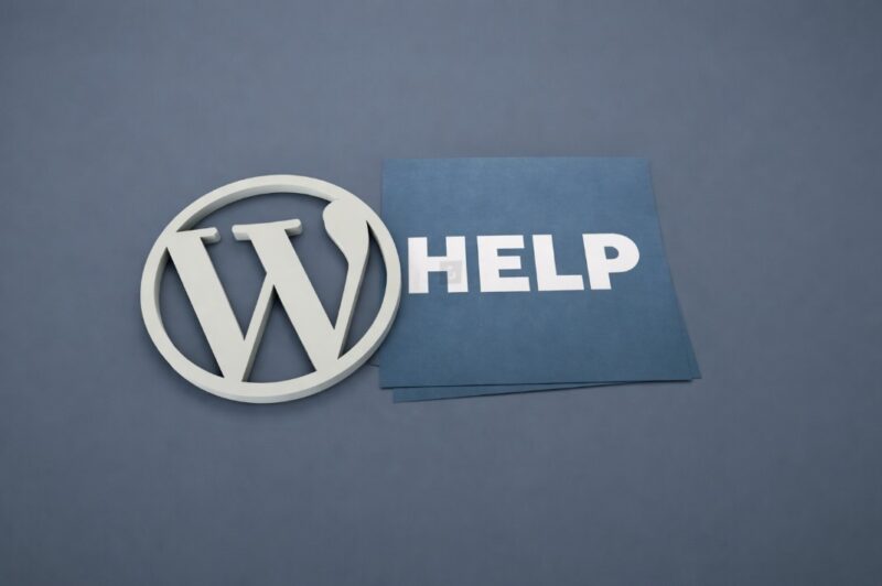 Izrada sajta u WordPressu pomoć. WordPress logo pored kartice sa natpisom “HELP” na sivoj pozadini
