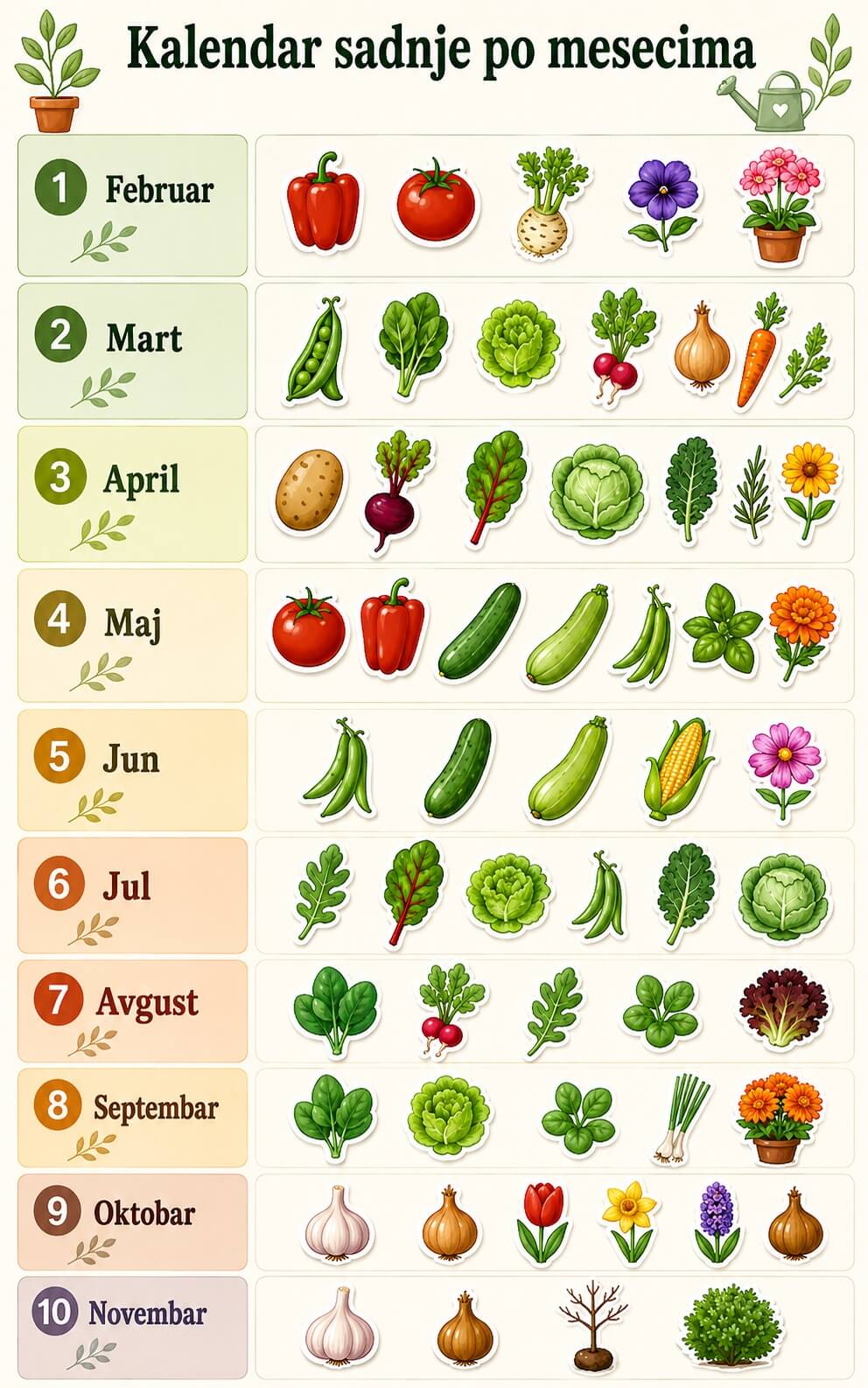 Infografik sa kalendarom sadnje po mesecima, od februara do novembra, prikazuje povrće, začinsko bilje, cveće i sadnice koje se sade u svako doba godine