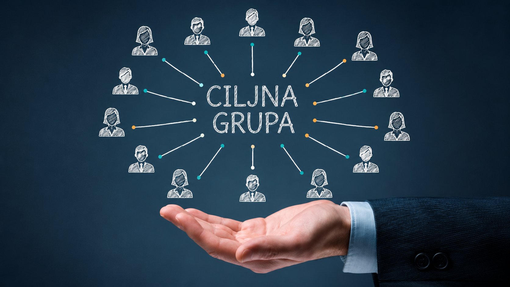 Poslovna ruka ispod mreže muških i ženskih profila sa natpisom Ciljna grupa